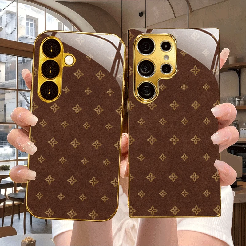 Sleek Brown Floral Glass phone case mobile phones fashion phone cases for Samsung Galaxy S26 S25 S24 S23 S22 FE,Ultra,Plus