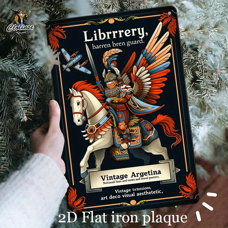 Art Deco on Horseback Metal Sign -  Iron Wall Hanging Decor, Sword-Wielding Winged Guardian with Ornate Armor, Fantasy-Themed Ho