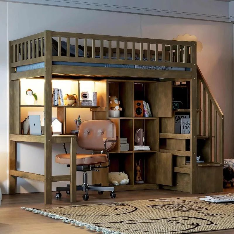 Twin Loft Bed Solid Wood L-Shaped Desk Storage Stairs LED Lights Shelves Cabinets Bookshelves Teens Adults Walnut