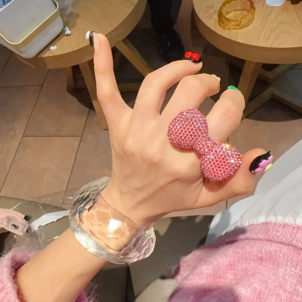 Adjustable Pink Bow Rings Sparkle Bow Sweet Shiny Women Finger Ring Bowknot Super Flash Y2k Millennial Ring Jewelry Accessory