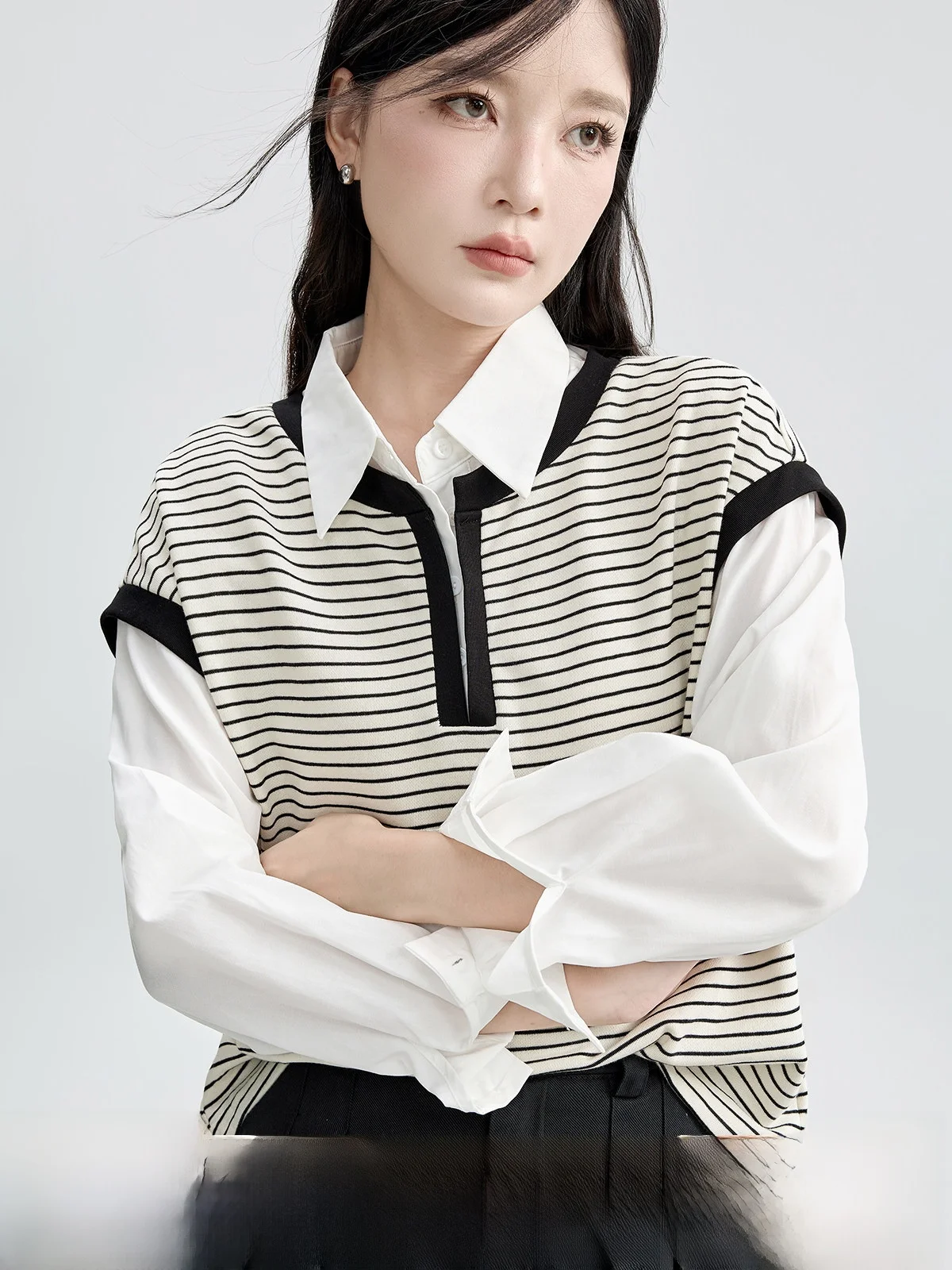 

Guier Stripe irt Women's Autumn 2025 New Splicing Vintage College Sle Anti-aging Top Loose Fit Long Sve Collar