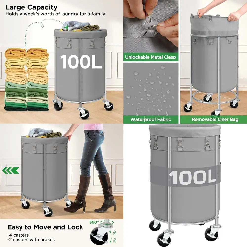 

Корзина для белья на колесах 100 л со съемным мешком, сортировщик на колесах для одежды, органайзер для спальни, ванной, прачечной - серый