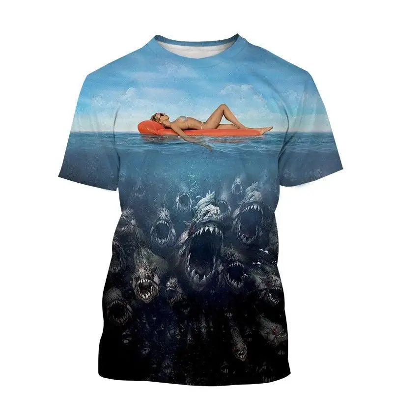 Piranha 3d Printed Pattern Summer Men\'S Short Sleeve Street Trend Personality Retro T-Shirt Creative Harajuku Loose Quality Top