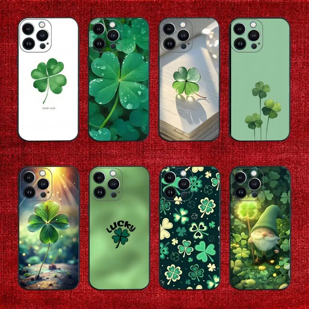 

Lucky Four Leaf Clover Phone Case For iPhone 16e,16,15,14,13,12,11,Pro,X,XS,Max,XR,Plus,Mini Soft Black Cover