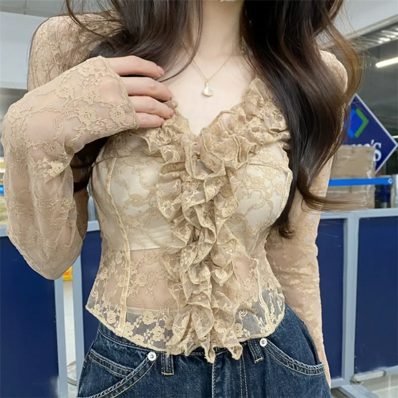 New Fashion Sexy Women Sheer Transparent Short Lace Shirt V Neck Ruffles Slim Blouse Base Shirt Long Sleeve Tight Bottoming Top