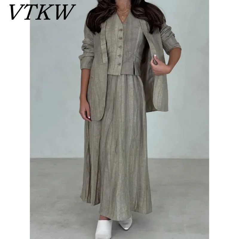 

VTKW 2025 Spring V-Neck Hidden Button Blazer & Waistcoat Wide Leg Pants Set Street Three Piece Suit Stretch Workwear Casual
