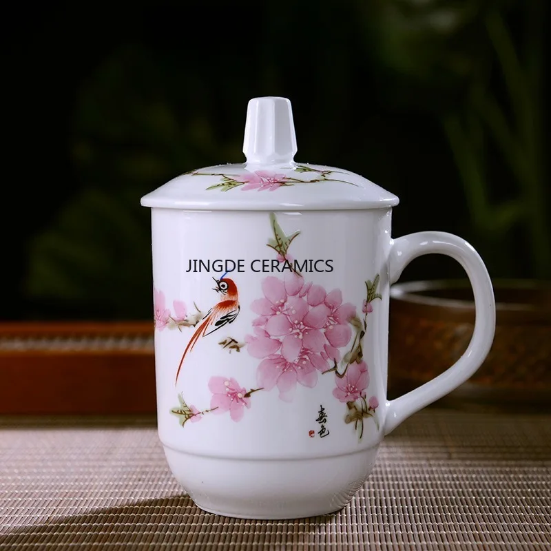 Jingdezhen Ceramic Mug Personal Cup with Lid Household Underglaze Colored Mug Office Tea Cup Kitchen Drinking Utensils 340ml
