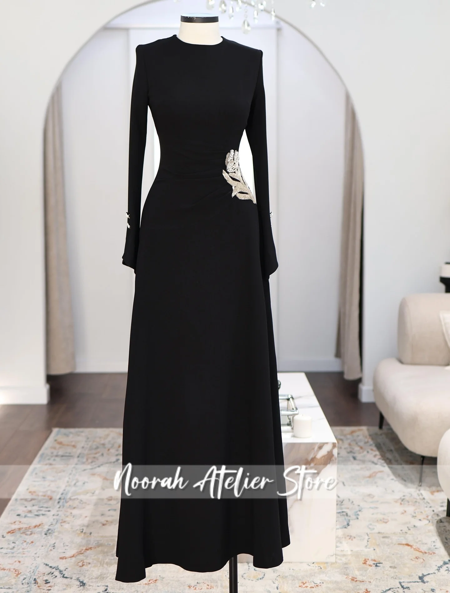 Muslim Black O N Peplum Luxury Evening Dresses 2025 Long Sleeves Wedding Gown فساتين سهرة Formal Dress Customized