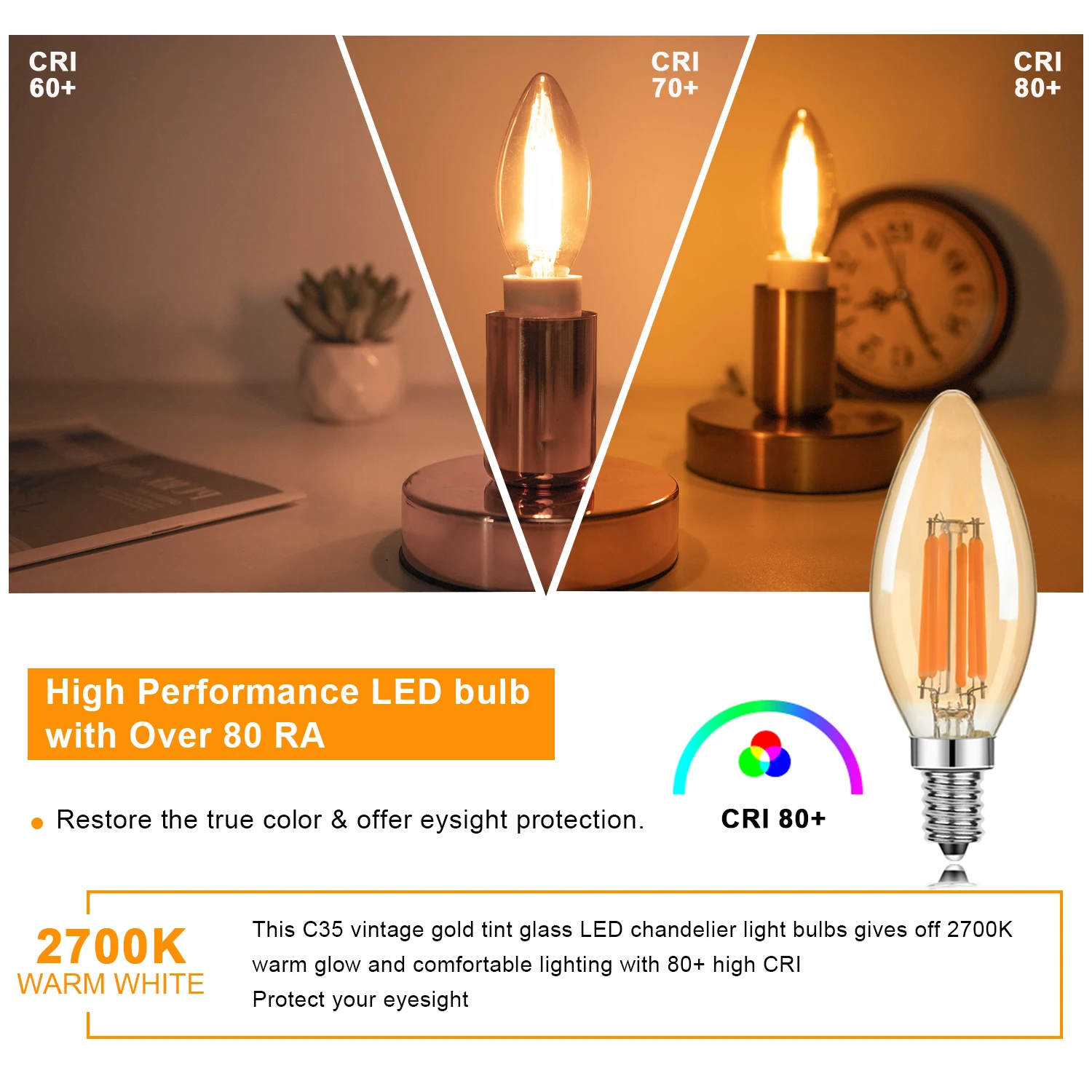 6PCS E12 E14 Candelabra Base C35 Led Filament Candle Bulb Vintage Gold Tint Glass Dimmable Edison Bulb For Celing Fan Chandelier image 4