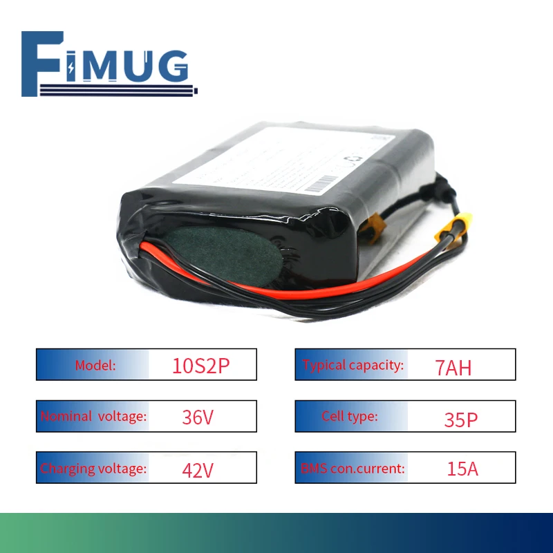 

FIMUG 36V 7Ah 10S2P 450Watt 42V 18650 li-ion battery pack For electric scooter unicycle ebike m365 pro Extend range 15A BMS