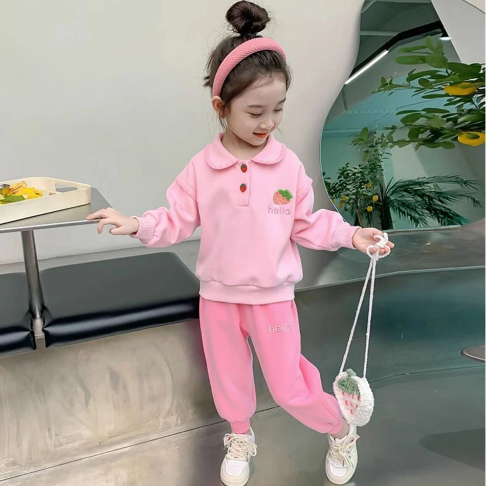 Casual and Comfort Autumn Two Piece Sets for Kids Flip Collar Long Sleeves and Pants Outfit for Girls to Enjoy the Fall Season