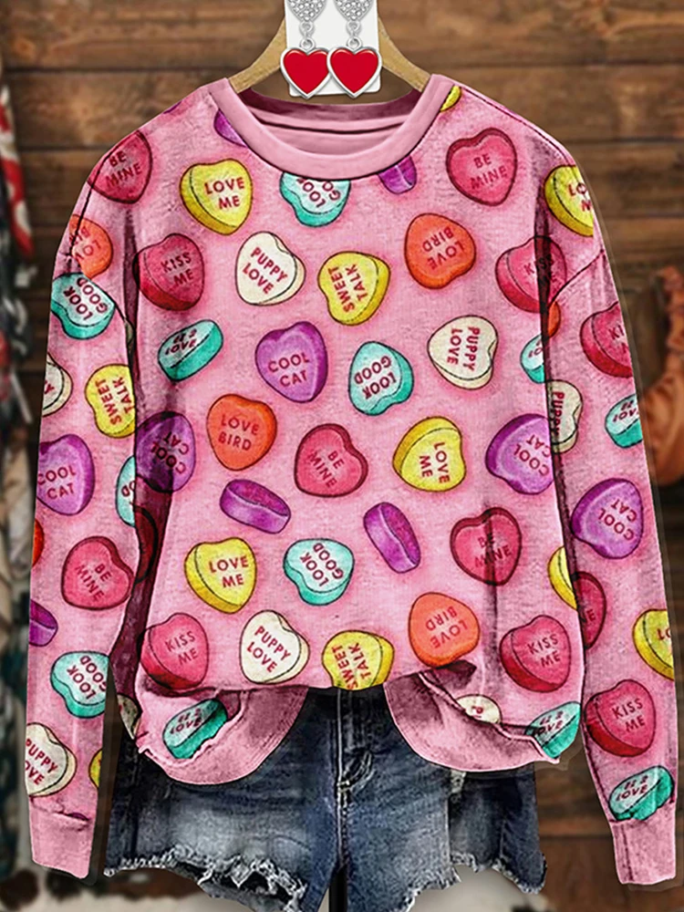 Vintage Valentine's Day Heart Print Sweatshirt