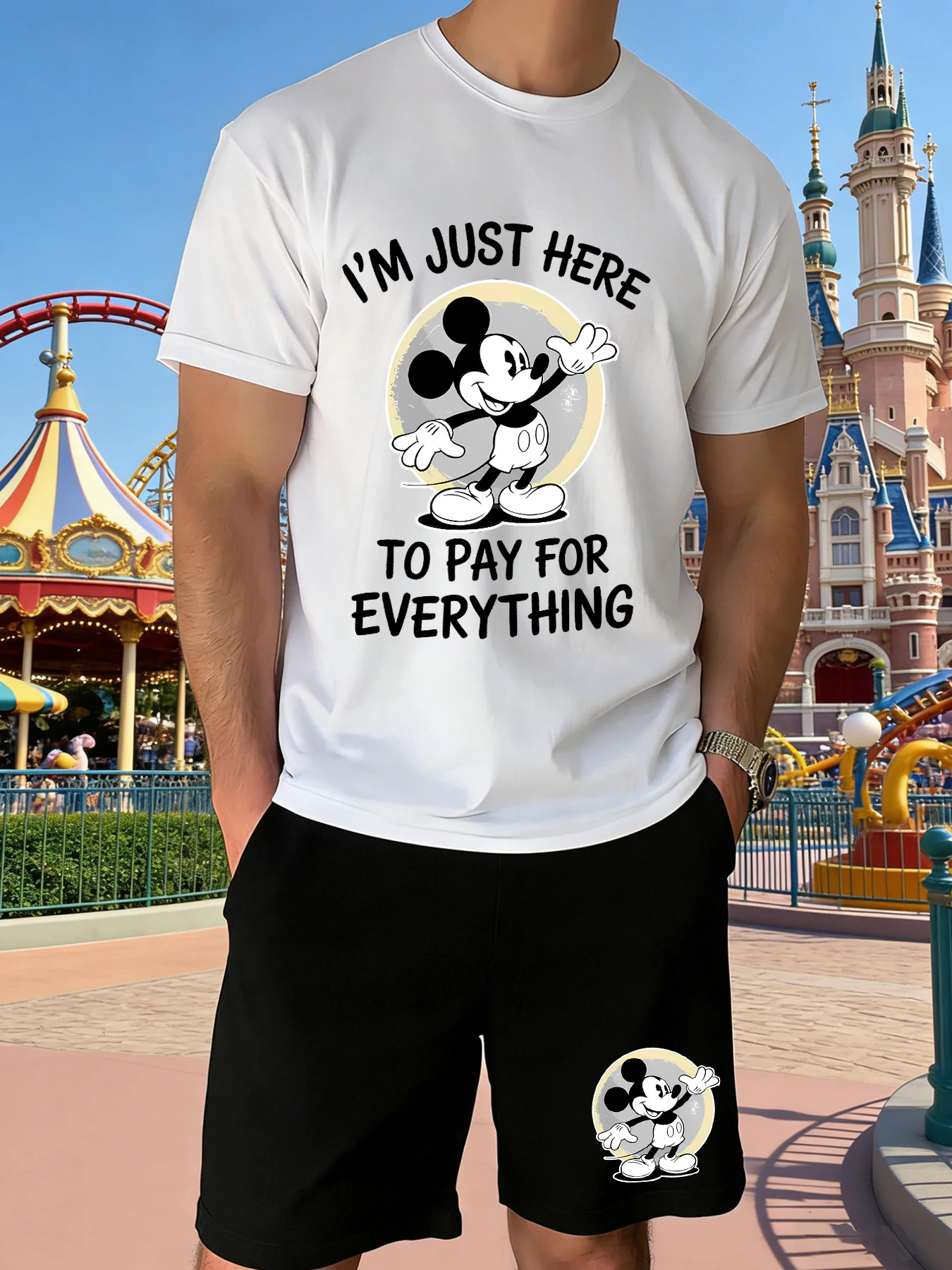 

Men's Mickey Print Short-Sleeve T-Shirt and Shorts Set Casual Summer Outfit for Daily Outings and Sports