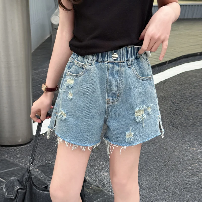 Brief Style Kids New Summer Design Ripped Jeans Mini Shorts for Tweens Girl Casual Street Style Children Destroyed Denim Shorts