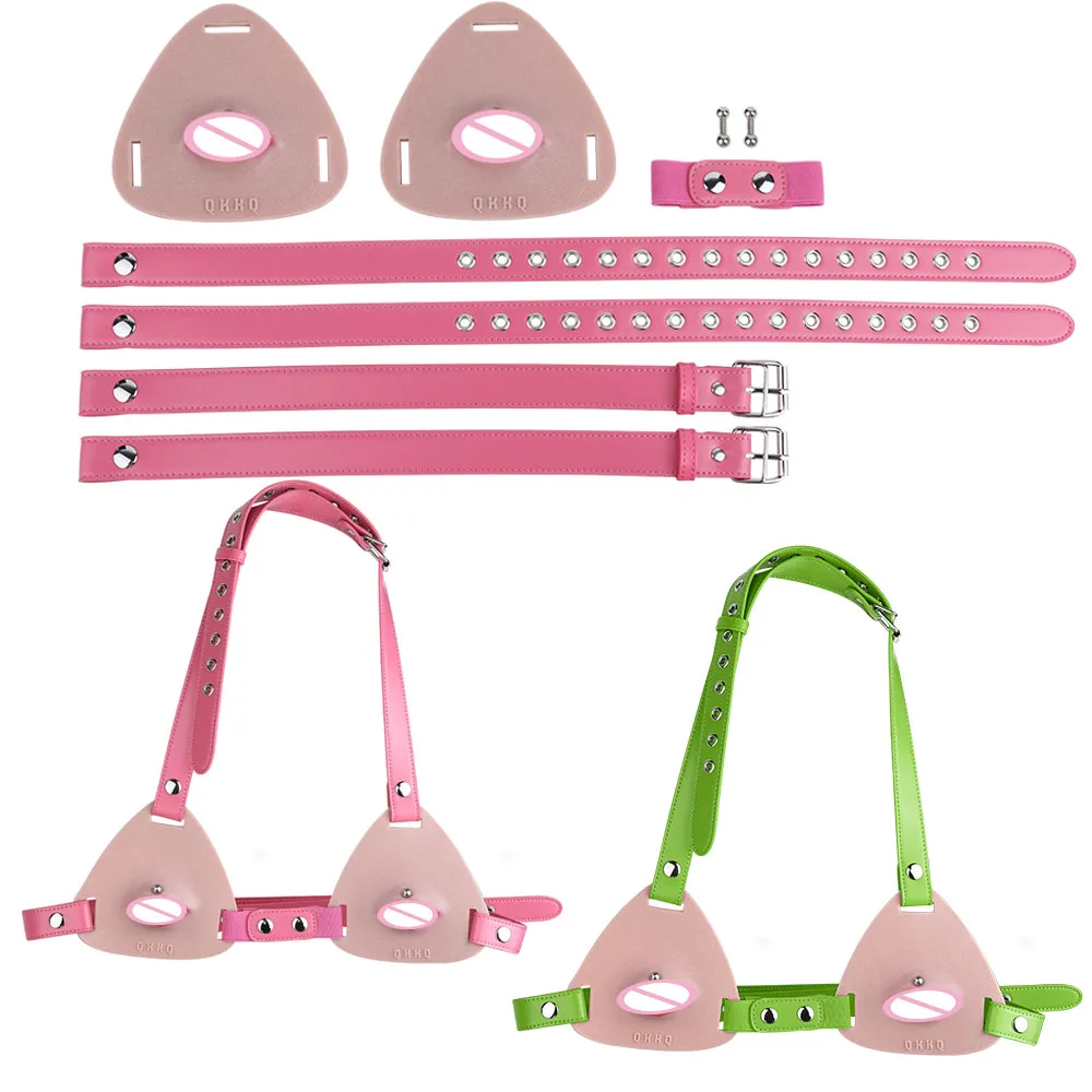 QKKQ PU Leather Silicone Red Lips Bra Realistic Labia Underwear Chest Pleasure Breast Bondage Chest Bodice For Couple Flirting