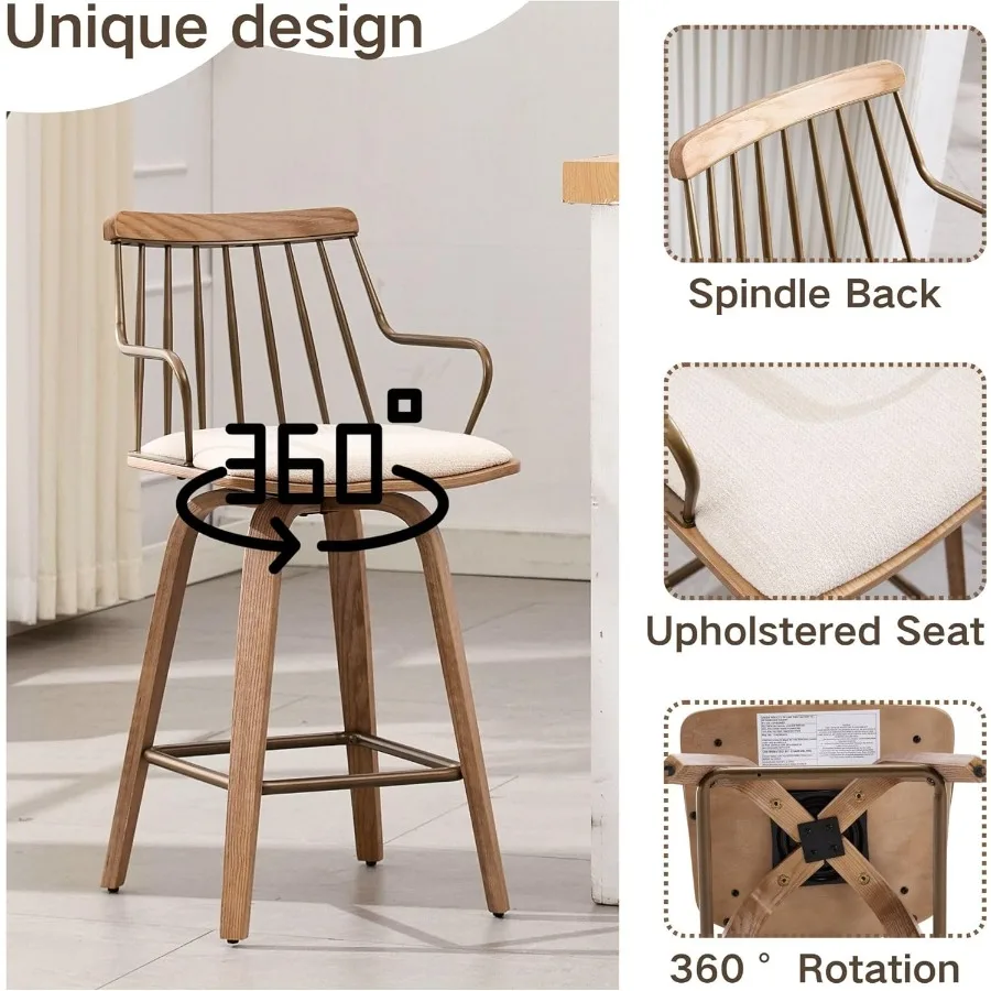 مجموعة كراسي بارتفاع دوار مكونة من 2 26 مقاعد عداد حديثة لمنتصف القرن مع أذرع خلفية مغزل من الخشب المنفروش