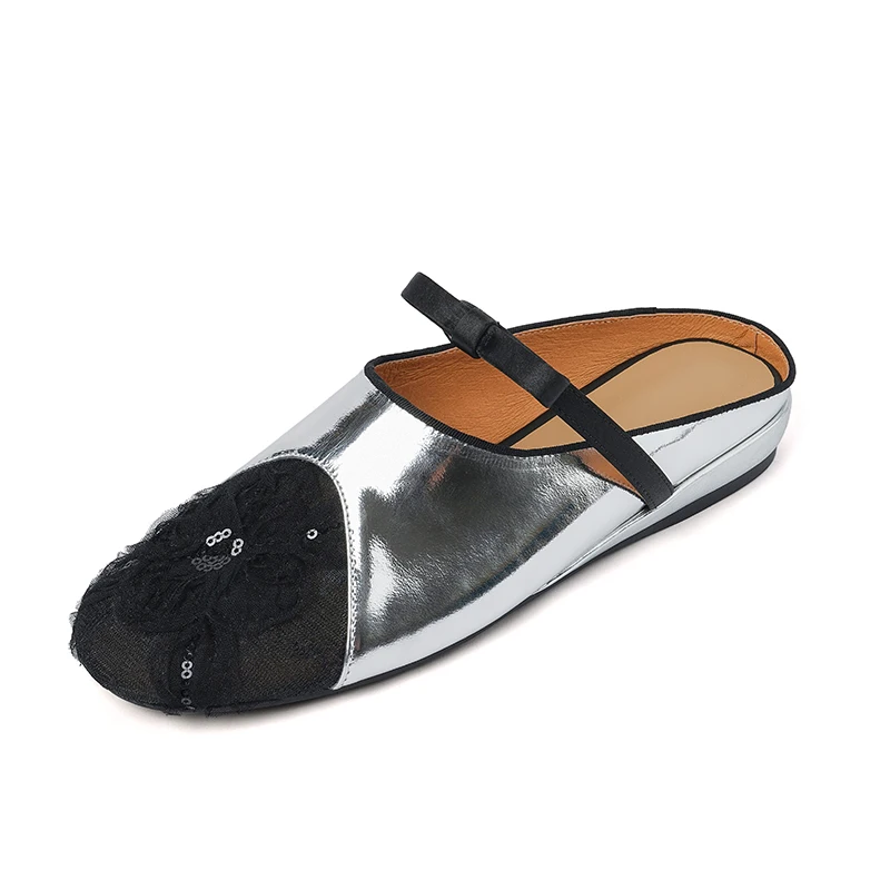 

Comfortable Genuine Leather Sandals 2.5cm Wedge Heel Closed Toe Patent Leather Two-tone Single Strap Bow Silver Gold Women