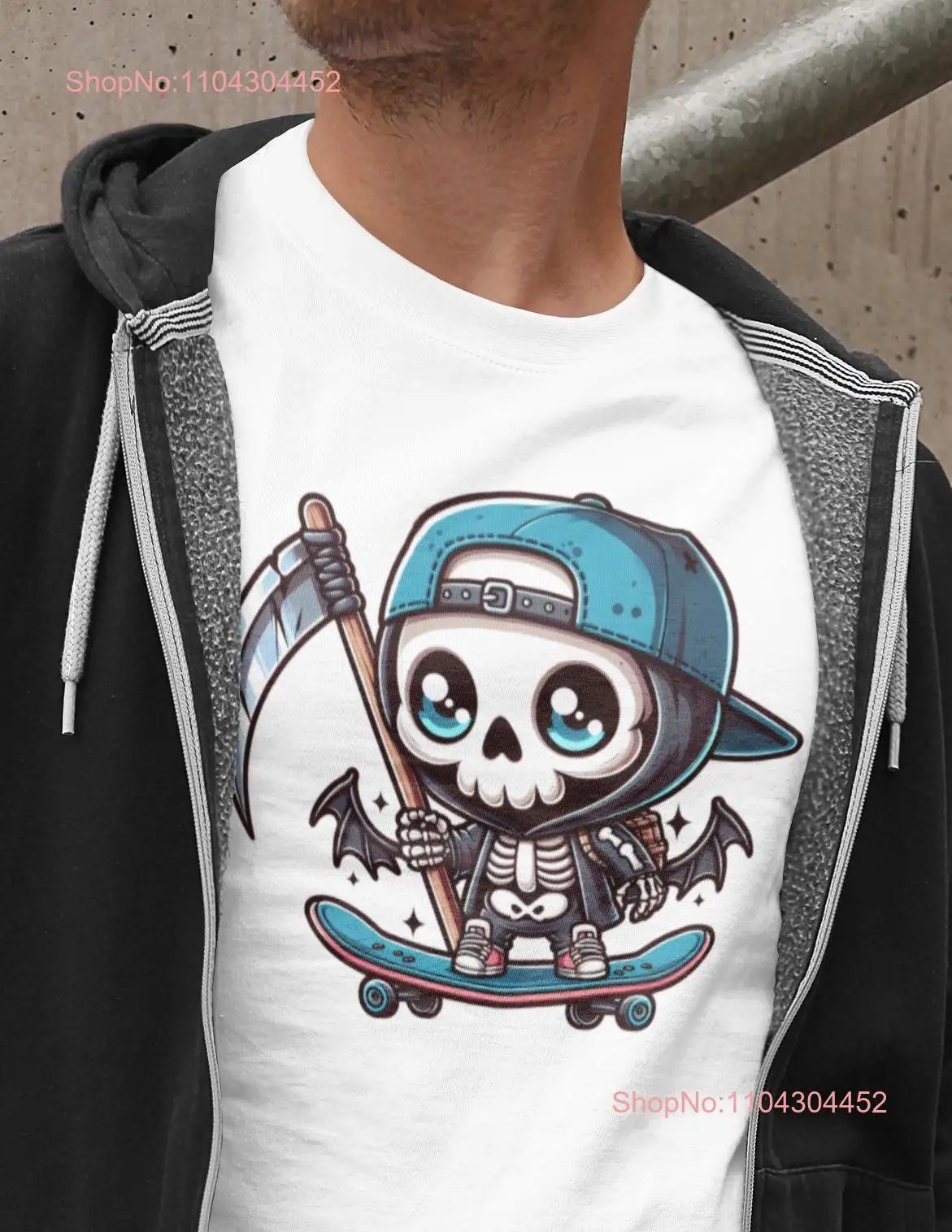 Funny skeleton dressed in hip hop style riding a skateboard II T Shirt shirts for men women halloween