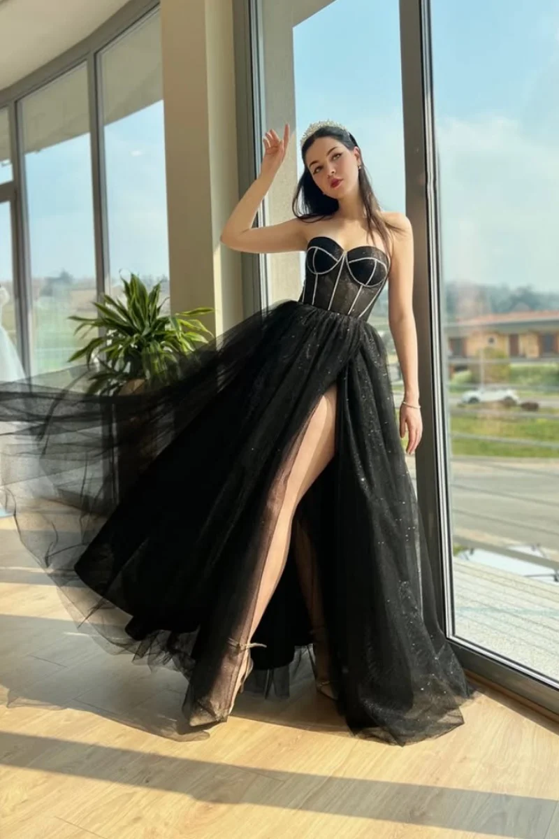 Jessica Glitter Perline ricamate Abiti da ballo Abito da sposa in tulle nero Spalle scoperte Spacchi laterali Robes De Soirée Personalizzato 2025