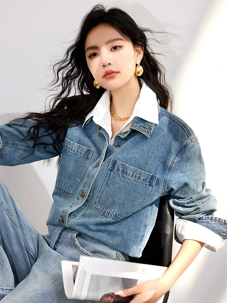 Autumn Retro Denim Shirt Women Long Sleeve Tops Turn-down Collar Blouses Loose Casual Femme Design Sense Niche Jeans Shirt