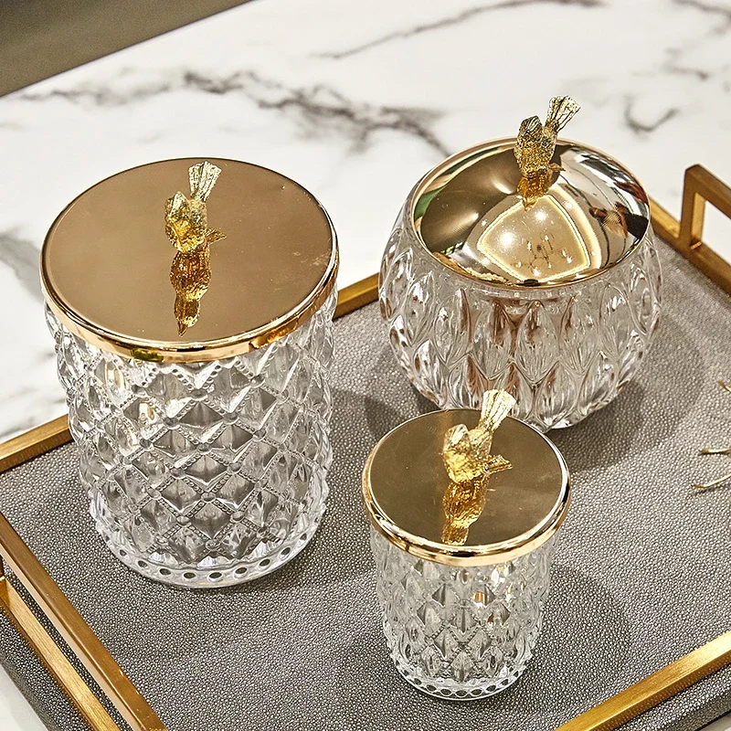 European Crystal Glass Bird Cotton Swab Can Light Luxury Gold Candy Can Press Toothpick Box Creative Storage Tank