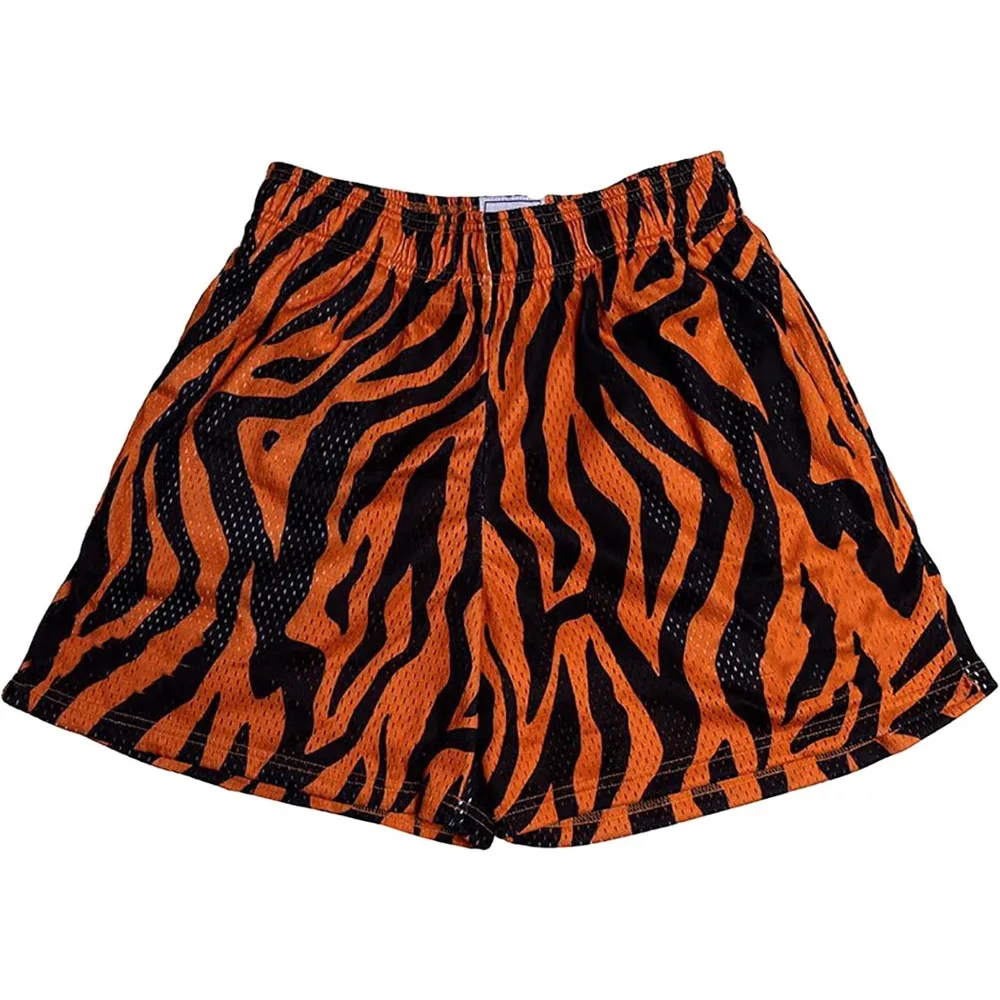 

Men's Quick-Dry Tiger Stripe Basketball Shorts Orange Black Mesh Breathable Drawstring Fitness Sports Pants