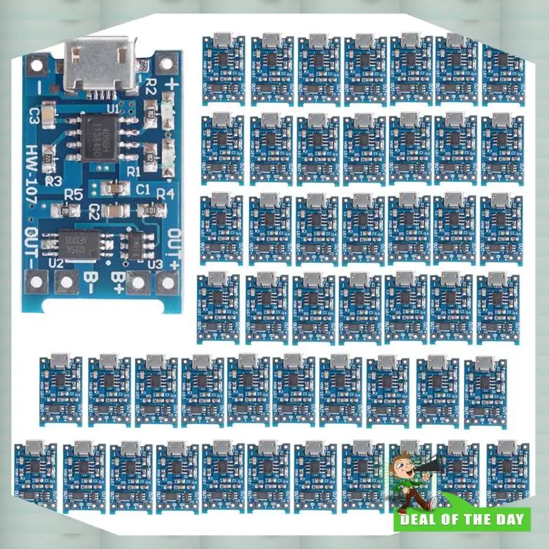 

24-часовая доставка, 50 шт. TP4056 Micro-USB 18650, плата для зарядки литиевой батареи, 5 В, 1 А, модуль зарядного устройства с защитой, двойная функция