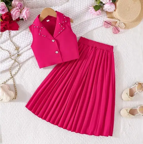 2-7Y Fashion Girl Summer 2PCS Skirt Outfit Sleeveless Lapel Beaded Tank Tops A-line Pleated Skirt Children's Sets