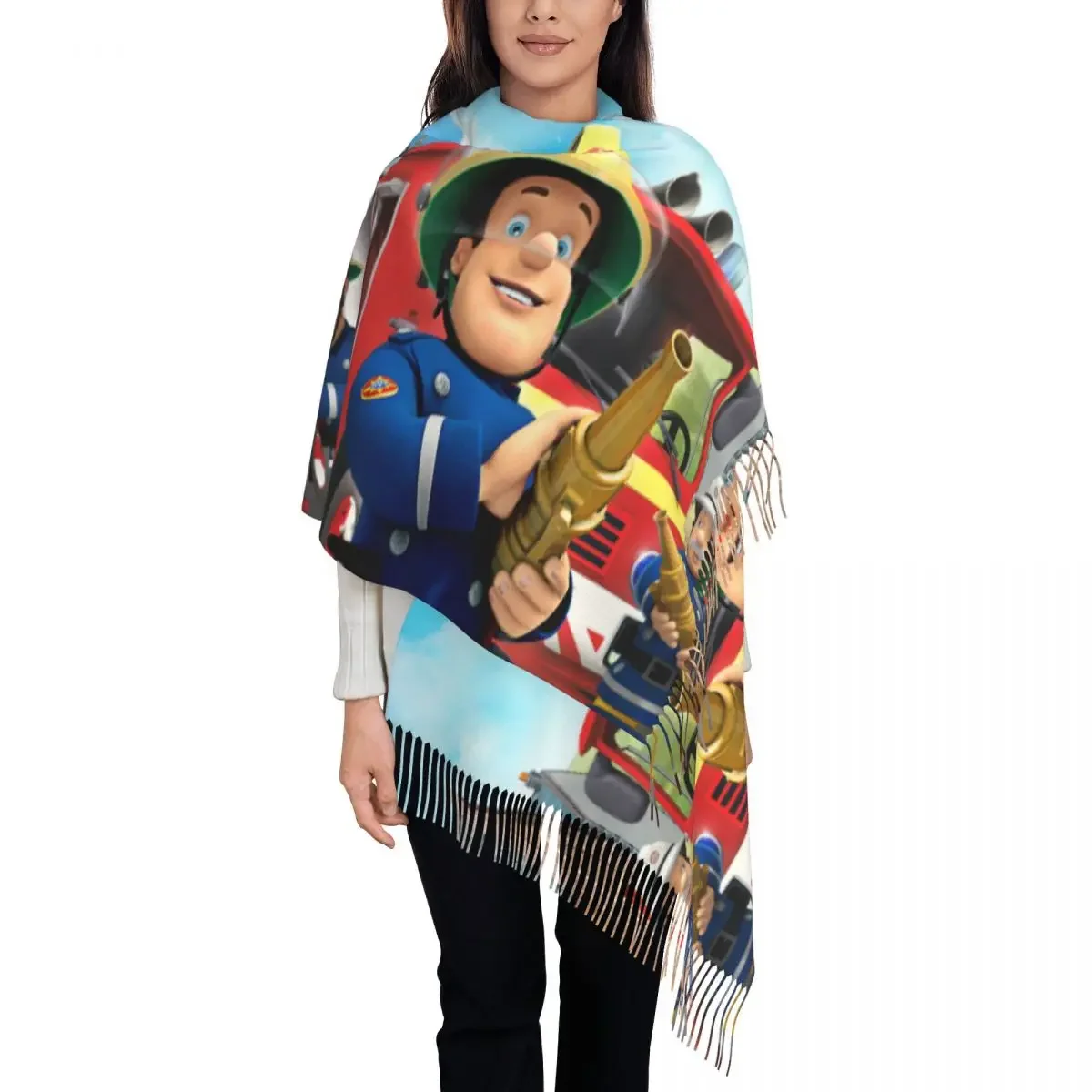 Customized Printed Fireman Sam Scarf Women Men Winter Fall Warm Scarves Cartoon Firefighter Shawl Wrap