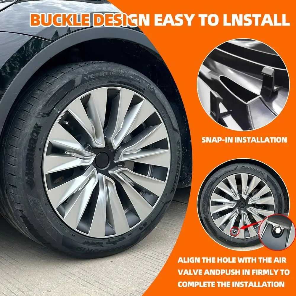 Fits Tesla Model Y 19-Inch Wheel Hub Cover Wheel Covers, 4 Covers Per Pack, Silver, Made of Sturdy PC ABS Material for 2020-2024