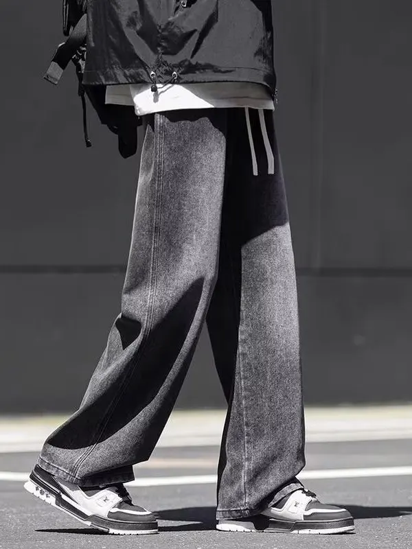 

Loose Fit Men's Dstring Waist Jeans Straight Leg American Sle Teenager Wide Leg Long Trousers Comfortable Casual Denim