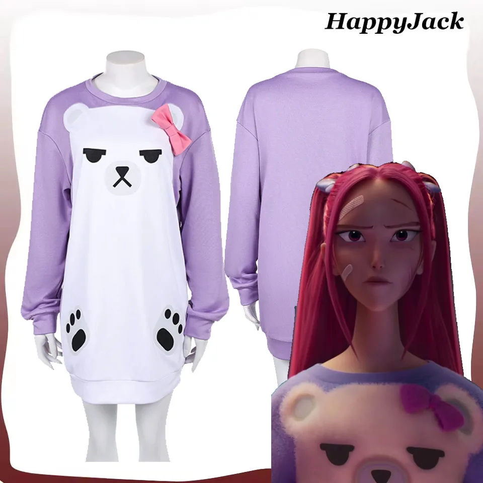 Mira KPop Demon Cos Hunters Cosplay pijamas morados disfraz mujeres niñas película juego de rol ropa de dormir Sudadera con capucha anillo para el pelo traje de Halloween
