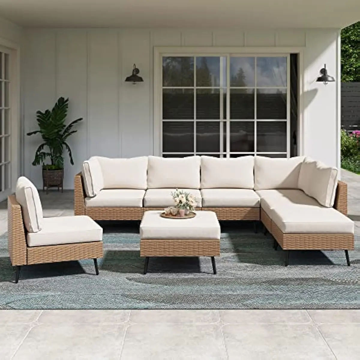Modern 8-Piece Modular Outdoor Sectional with PE Rattan Frame Thick Olefin Cushions Galvanized Steel Structure Adjustable Feet W