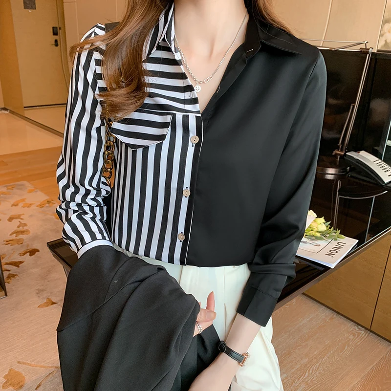 

Autumn New Stripe Patchwork Chiffon Shirts Fashion Loose Casual Long Sleeve Tops Vintage Single Breasted Office Lady Blouse