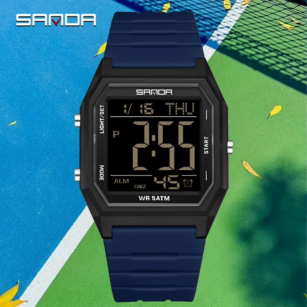 SANDA 6355 LED Night Light Outdoor Sports Men's Watch reloj Fashion Student Electronic Watch Square Multi functional Waterproof