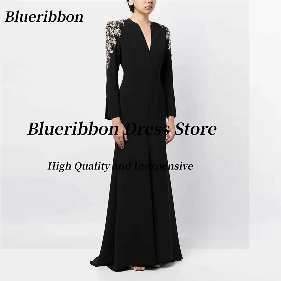 Blueribbon-Vestidos negros de alta costura para fiesta de noche, vestido de graduación con cuello en V redondo, mangas largas con cuentas, cremallera en la espalda