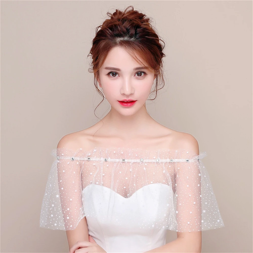 

Off-Shoulder Beaded Bridal Shawl Star Embroidered Tulle Wedding Clothes Capes Bolero Wedding Accessories Wedding Props Marriage