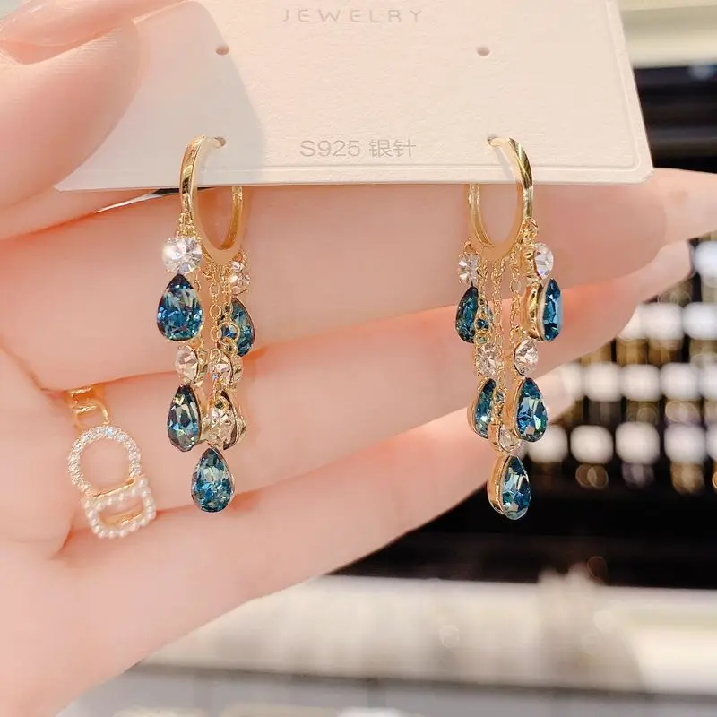 New Super Sparkling Blue Crystal Water Droplet Tassel Earrings with Elegant Long Style and Unique Design for Women\'s Earrings