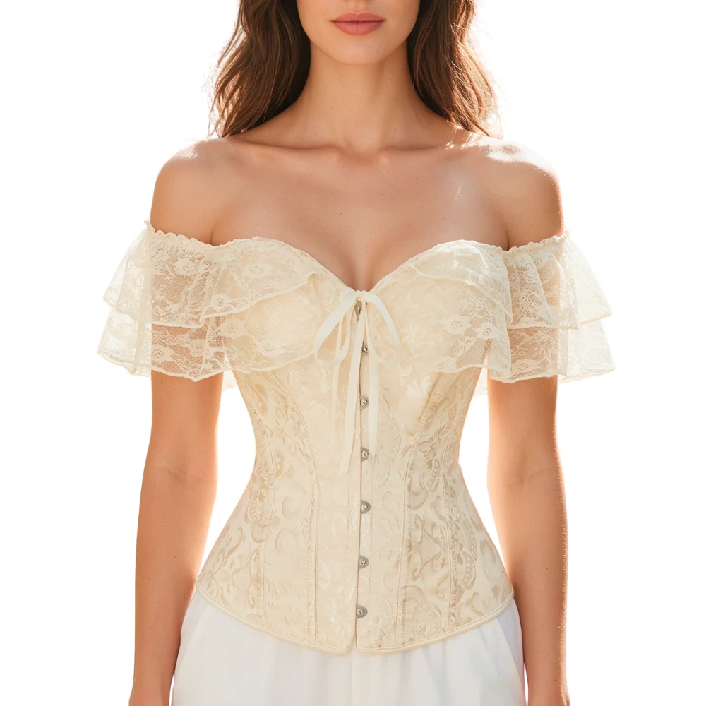 Damen-Viktorianisches Overbust-Korsett, schulterfreies Modell, Spitze vorne, Schnürung hinten, Jacquard-Material, Taillenformer, Halloween, Hochzeit, Partykleidung