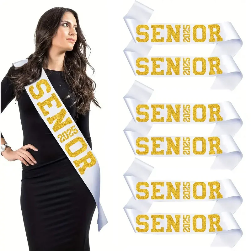 

6Pcs White Senior 2025 Satin Sashes With Gold Glitter Letters Senior 2025 Decorations For 2025 Graduation Students Celebration