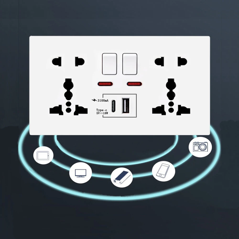18W Type-C Smart Fast Charge Interface Wall Outlet 13A Universal Dual Socket Switch Control USB Port Socket