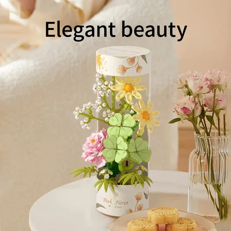 ดอกไม้หลอดช่อดอกไม้อาคารบล็อกดอกไม้ชุดอิฐเดสก์ท็อปตกแต่งเด็ก DIY ของเล่นผู้ใหญ่ของขวัญโรแมนติก