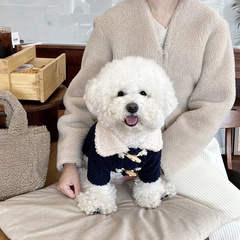 2023 New Puppy Coffee Cotton Coat Pet Warm Dog Winter Jacket Teddy Casual Coat Plush Open Button Top Schnauzer Solid Dog Clothes