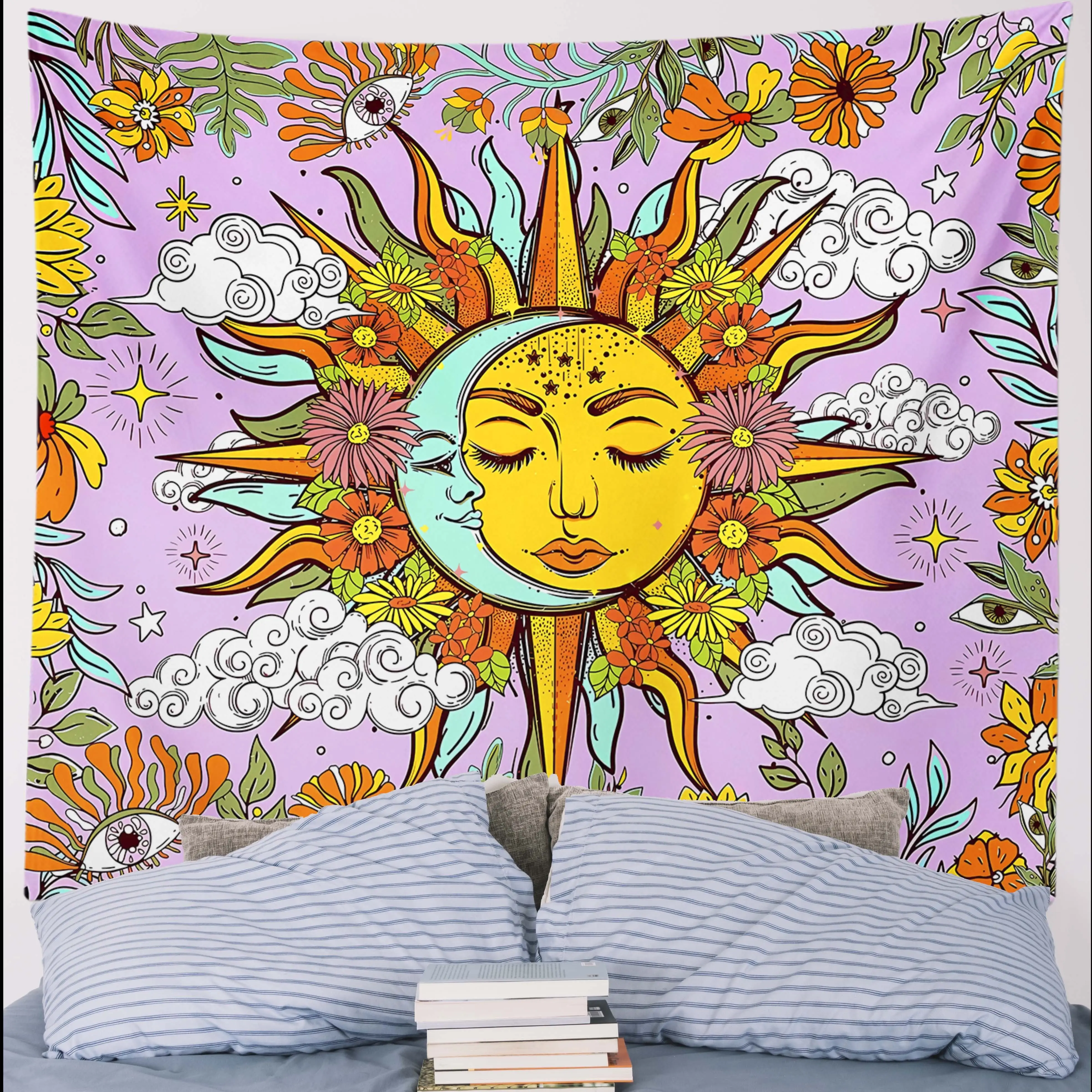 Vibrant Boho Tapestry Wall Hanging Psychedelic Flower Sun Decor Bohemian Room Art Print for Living Space