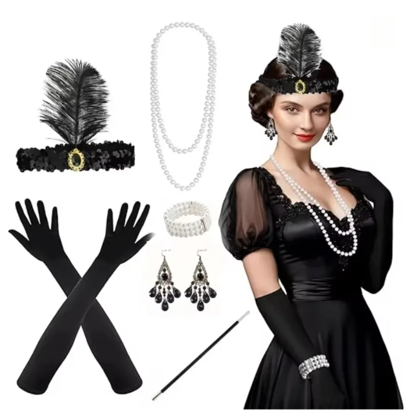 

Vintage 1920s Women's Flapper Cosplay Accessories Fan Headpiece Necklace Gloves Suit for Women Theme Party Roleplay Props