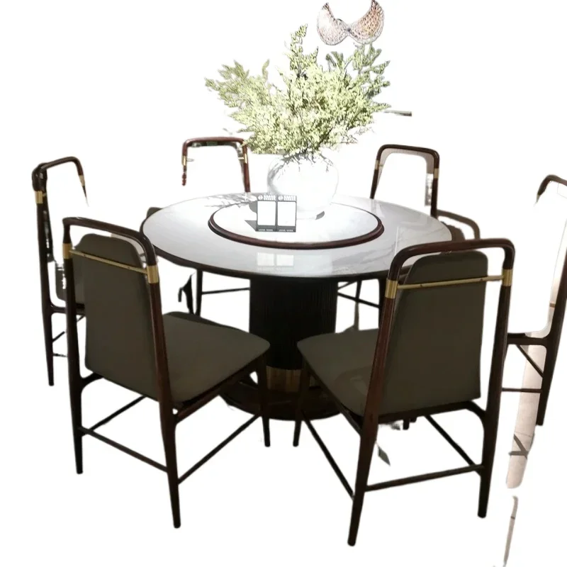 

1Round Dining Tables and Chairs Set Ugyen Wooden Restaurant round Dining Table Stone Plate Solid Wood Combination