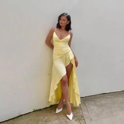 OEING V-Neck Luxury Garden Evening Dresses Ruffles Yellow Sleeveless Formal Birthday Floor Length Elegant Prom Gown Party Women