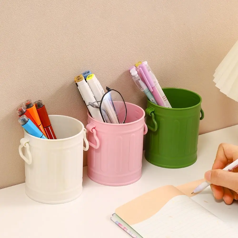 Cute Pen Holder Portable Plastic Simple Stationery Storage Box Large Capacity Retro Pen Bucket Desktop