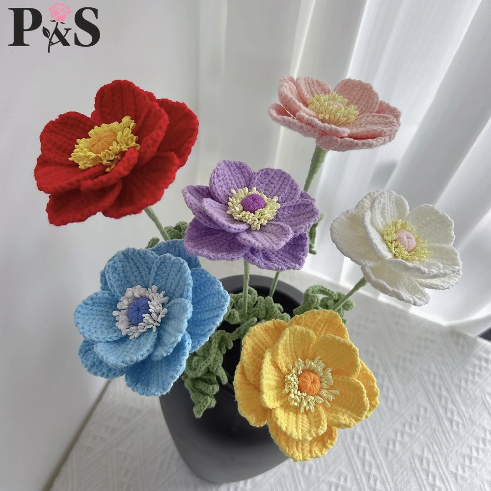Anemone Crochet Flower Handmade Pink Purple Blue Knitted Artifical Flower High Quality Wedding Home Decoration Gift for Birthday