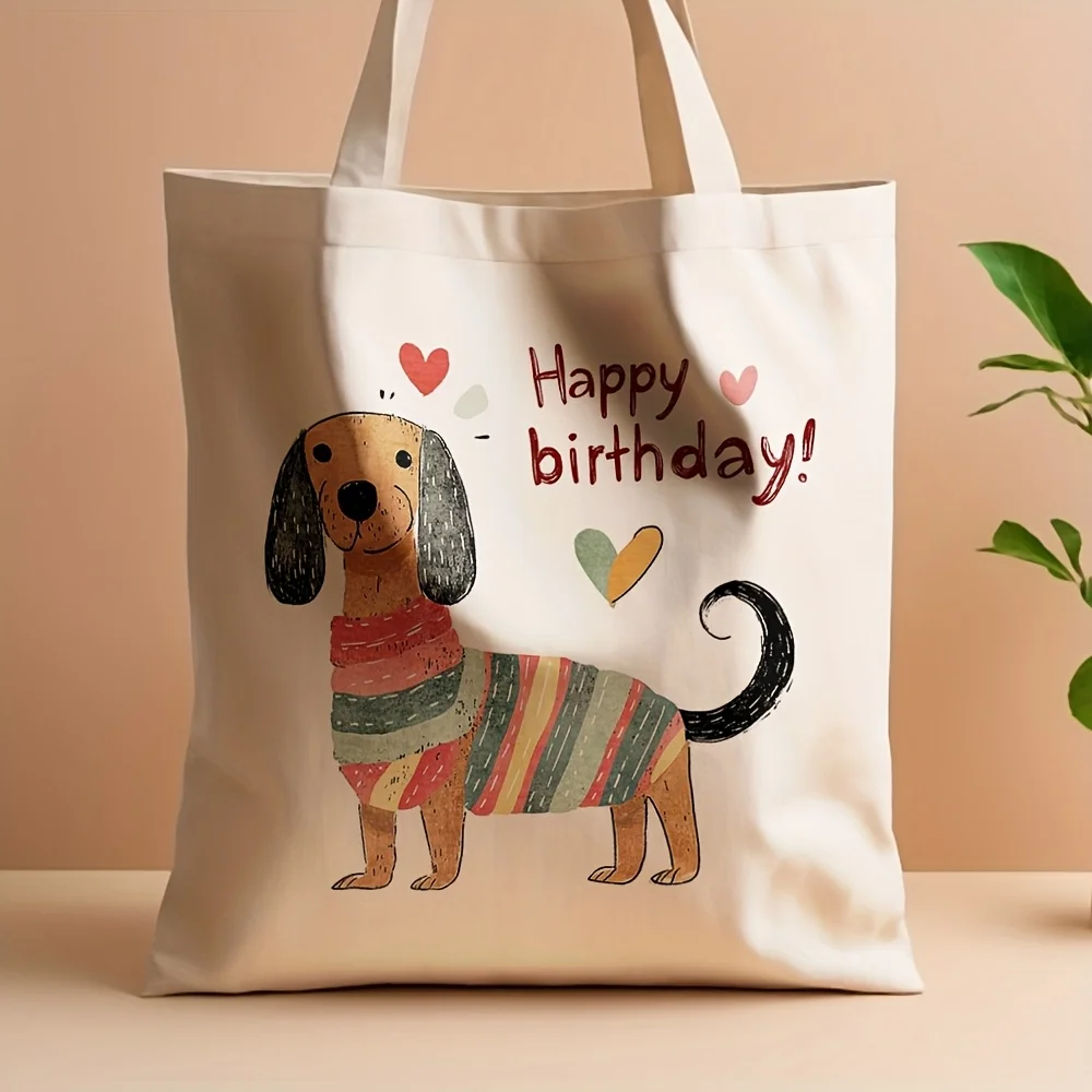 Happy Birthday Dog Illustration Canvas Tote Bag Grocery Bags Commuting Beach Travel Ideal Birthday Gift Fashion Shopping Bag